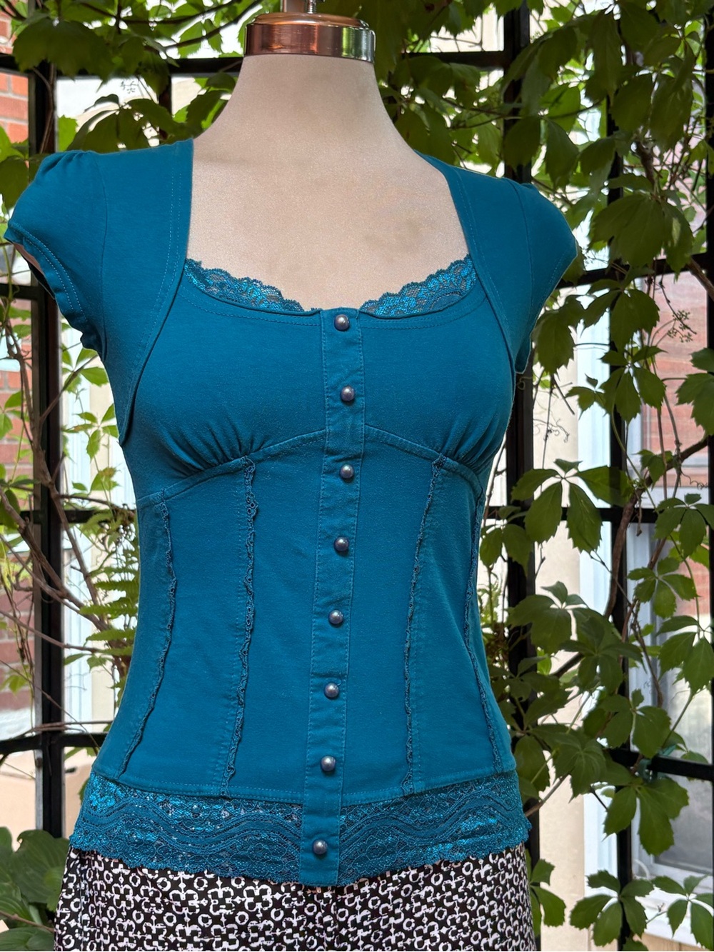 Teal Lace-Trim Short Sleeve Button Front Top Size SP